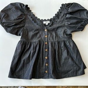 Kiki Vargas X Target Collab Scalloped Edge Puffed Sleeve Indigo Top